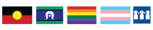 icons representing a aboriginal flag, torres strait islander flag, LGBTQIA+ flag, transgender flag, and interpreters avaliable